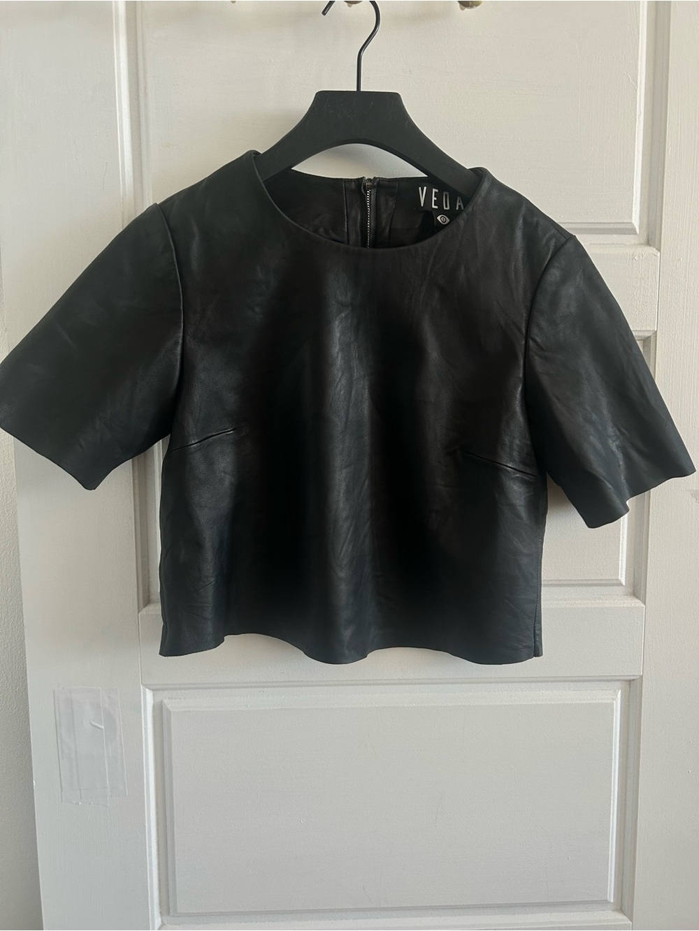 VEDA Black 100% Lamb Leather Short Sleeve Top Size S Excellent Condition